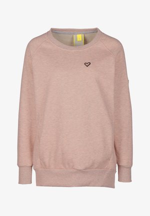 Pull rose pâle à manches longues avec un petit emblème en forme de cœur foncé sur la poitrine gauche et des poignets et un ourlet côtelés.