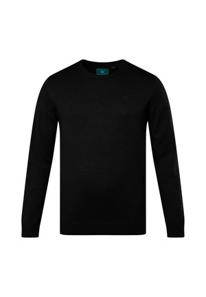 Schwarzer Strickpullover mit langen Ärmeln und Rundhalskragen. Glatte Textur, minimalistisches Design und ein kleines Logo auf der Brust.