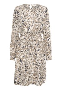 Robe couleur fauve avec des motifs abstraits bleu foncé et crème, manches longues, taille à cordon, et détail d'encolure en forme de goutte.