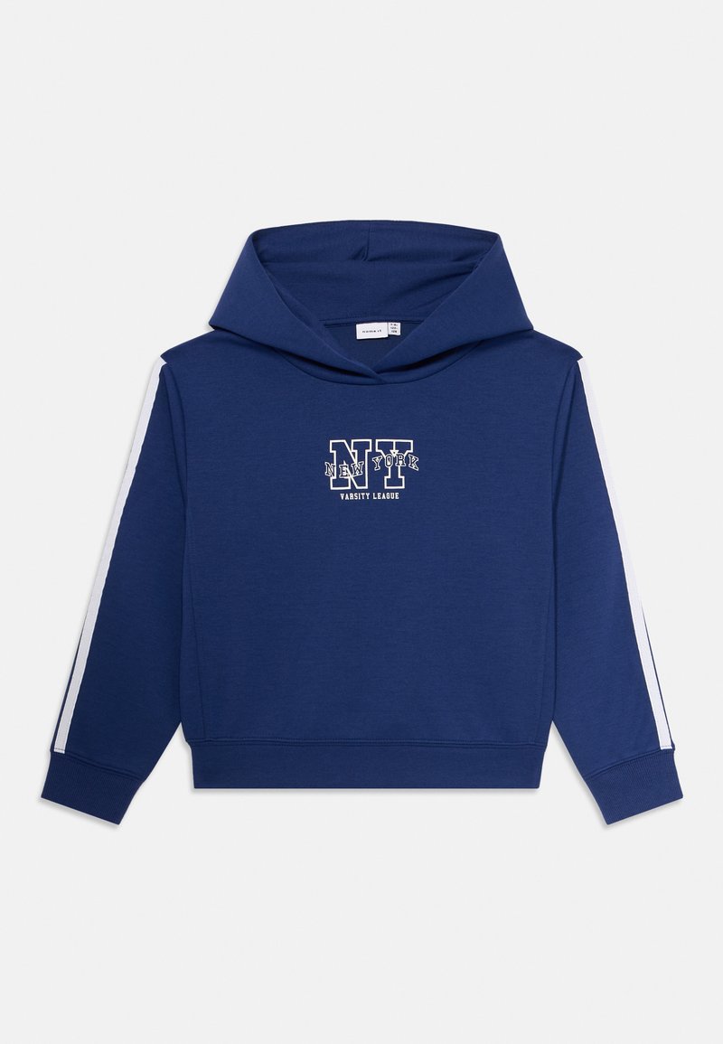 Sweat-shirt bleu avec des rayures blanches sur les manches et le texte "NY New York Varsity League" imprimé au centre avant.