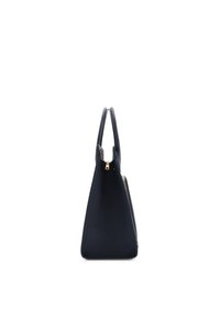 Navy leather handbag with a triangular shape, smooth texture, and a top zipper closure. Features two handle straps.