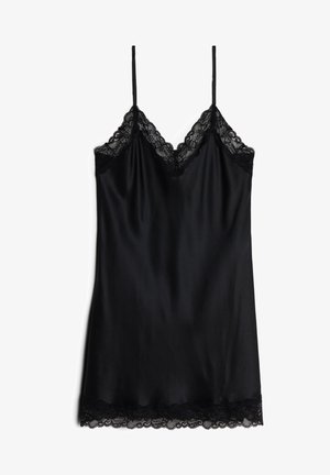 Black satin camisole with adjustable spaghetti straps, featuring a lace trim along the neckline and hem for added detail and texture.