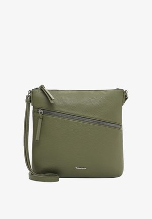 Olivgrüne Leder-Umhängetasche mit diagonaler Frontreißverschlusstasche, verstellbarem Riemen und silbernem Tamaris-Logo.