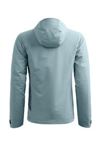 Hellblaues Jacket mit Kapuze, langärmlig und mit glatter Textiloberfläche. Enthält ein Logo auf dem linken Ärmel und zeichnet sich durch ein elegantes Design aus.