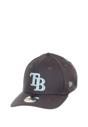 Black cap with a structured crown, embroidered "TB" logo in light blue, curved brim, and logo tag on the brim’s underside.