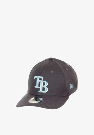 Black cap with a structured crown, embroidered "TB" logo in light blue, curved brim, and logo tag on the brim’s underside.