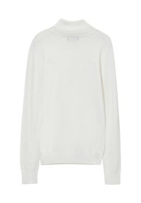 Weißer Pullover mit umgeschlagenem Kragen, langen Ärmeln und gerippten Bündchen. Hergestellt aus einer glatten, weichen Textur; keine sichtbaren Muster oder Akzente.