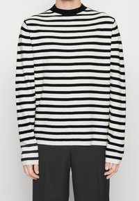 Svetr s černobílými pruhy, pletený, s klasickým kulatým výstřihem a dlouhými rukávy, s pravidelně rozloženými vodorovnými pruhy a žebrovanými manžetami.