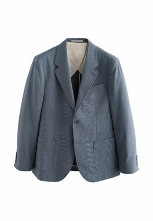 Blaues Fischgrät-Blazer mit einer Zwei-Knopf-Verschluss, Reverskragen, zwei Fronttaschen und strukturierter Stoff. Innenfutter in heller Farbe.