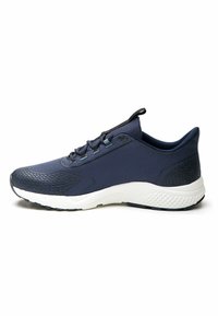 Navy athletic shoe with textured mesh upper, flat laces, and padded collar. Features a white cushioned midsole and patterned rubber outsole.
