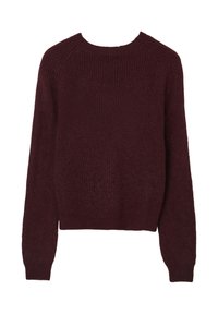 Maglione lavorato a maglia bordeaux con collo a girocollo, texture a coste e maniche raglan lunghe. La vestibilità è rilassata e leggermente accorciata all'orlo.