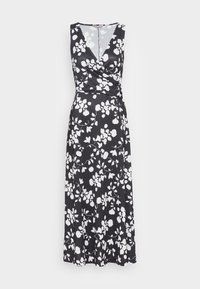 Svart klänning med vitt blommönster, ärmlös, V-ringning, omlottmodell vid midjan, flödande kjol, gjord av slätt tyg.