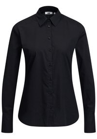 Svart långärmad skjorta i bomull, med knäppning framtill, spetsig krage och slät textur, designad för en tight passform.