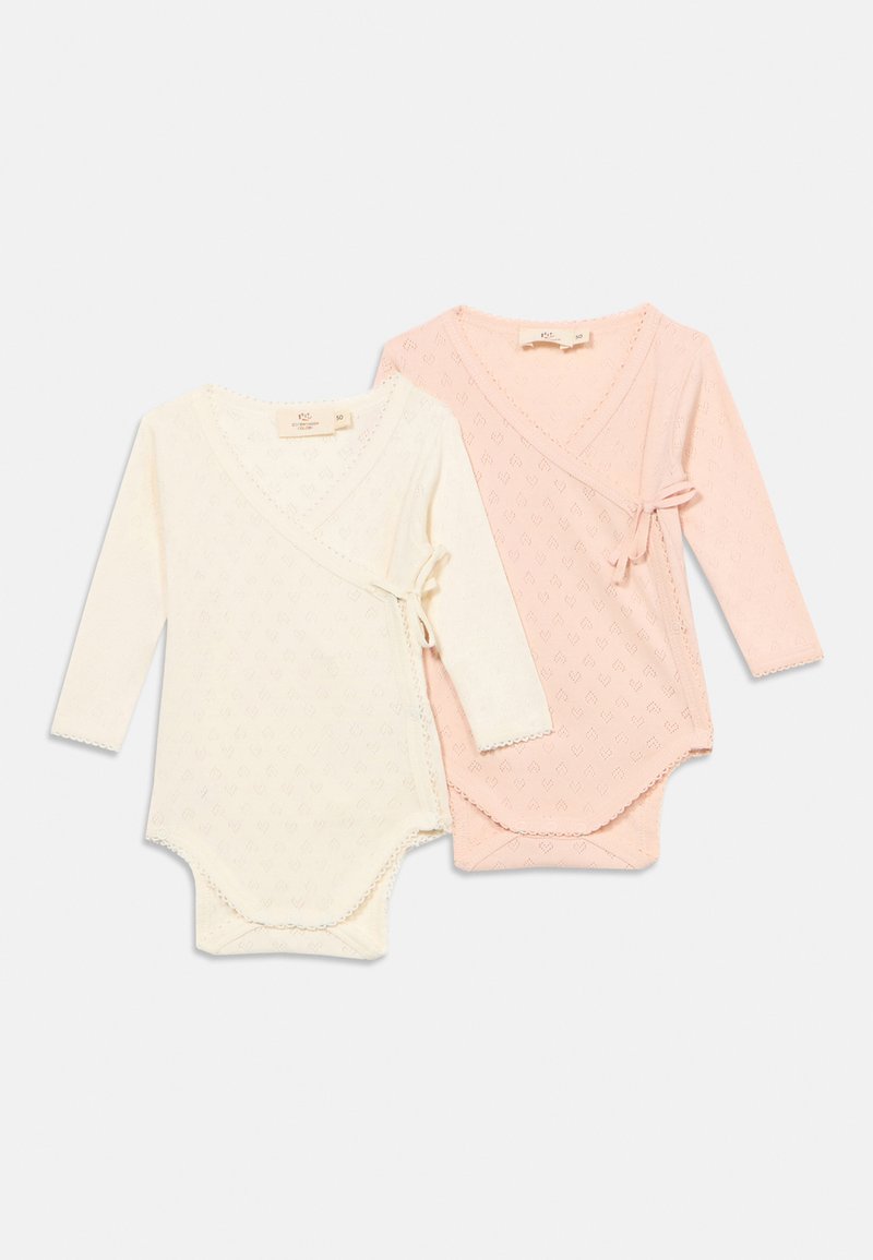 To langærmede babybodyer, en i creme og en i lyserød, med omslagsfront og bindebånd i siderne.