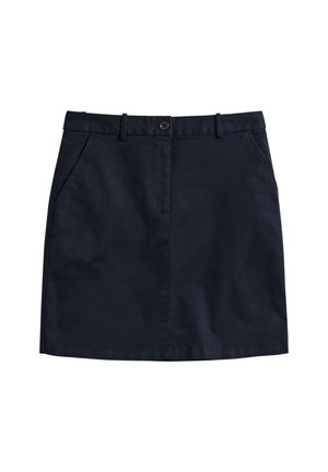 Navy blue cotton skirt with belt loops, front button, zipper closure, and two side pockets.