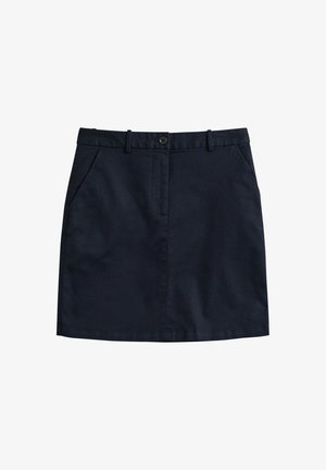 Marineblauwe katoenen rok met riemlussen, knopen aan de voorkant, ritssluiting en twee zijzakken.