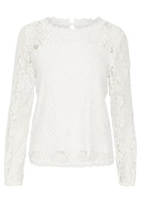Blusa bianca in pizzo a maniche lunghe con scollatura a festone e chiusura con bottoni sul retro. Presenta motivi floreali su tutta la superficie e una texture leggermente trasparente.