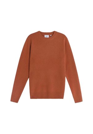Rostfärgad tröja med rund halsringning, ribbade manschetter och nederkant. Slät textur, långa ärmar och en enkel, klassisk design.