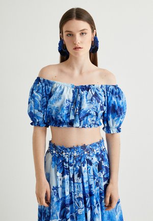 Koton PUFF SLEEVE CROP - Camiseta estampada - blue