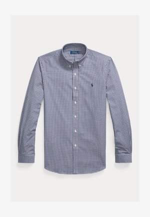 Koszula z długim rękawem zapinana na guziki, w niebiesko-biały wzór kratki gingham, z kołnierzykiem zapinanym na guziki i małym haftowanym logo na lewej piersi.