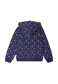 Felpa con cappuccio blu navy e stampa floreale rosa e blu. Presenta polsini e orlo a coste, una texture morbida e una vestibilità casual.