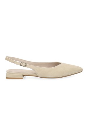 Beige suede women's slingback flat shoe with pointed toe, adjustable buckle strap, and low block heel.
