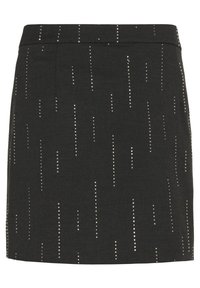 Schwarzer Rock mit geradem Schnitt, der vertikale Linien aus metallischen Nieten für Textur und Designmerkmale aufweist. Schlichter Bund, knielang.