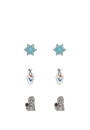 Trois paires de boucles d'oreilles clous avec des flocons de neige bleus, le visage souriant d'Olaf et Elsa tenant un flocon de neige de La Reine des Neiges.