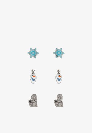 Tre paia di orecchini a bottone con fiocchi di neve blu, il volto sorridente di Olaf e Elsa che tiene un fiocco di neve da Frozen.