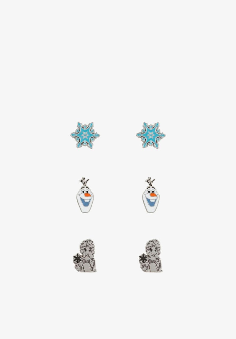 Trois paires de boucles d'oreilles clous avec des flocons de neige bleus, le visage souriant d'Olaf et Elsa tenant un flocon de neige de La Reine des Neiges.