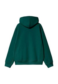 Sudadera verde de tejido suave, con un bolsillo delantero, mangas largas y capucha ajustable con cordón. Textura suave, ajuste casual.