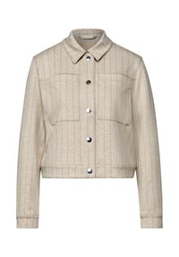 Kort jacka i ljusbeige tyg med vertikala ränder. Har krage, två framfickor och glänsande silverknappar framtill.