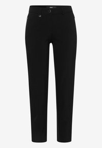 Pantalon noir slim-fit avec bouton frontal, fermeture éclair, passants de ceinture et poches latérales zippées, présenté sur un fond uni.