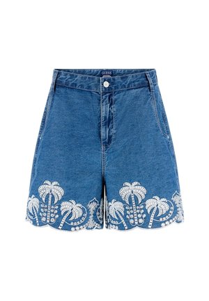 Short en jean bleu avec motifs de palmiers brodés blancs le long de l'ourlet festonné, bouton à l'avant et poches latérales.