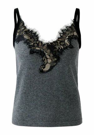 Grey sleeveless top with black lace trim along the V-neckline and thin black shoulder straps.