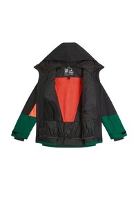 Zwarte jas met een groen en oranje kleurblokontwerp. De binnenvoering heeft een zachte oranje stof. Met capuchon en verstelbare manchetten.