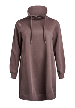 Brun sweatshirtklänning med hög krage, långa ärmar, en framficka och snörning i halsen. Mjuk, slät tygkänsla.