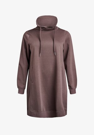 Robe sweat brun avec un col haut, des manches longues, une poche avant et des cordons au niveau du cou. Tissu doux et lisse.