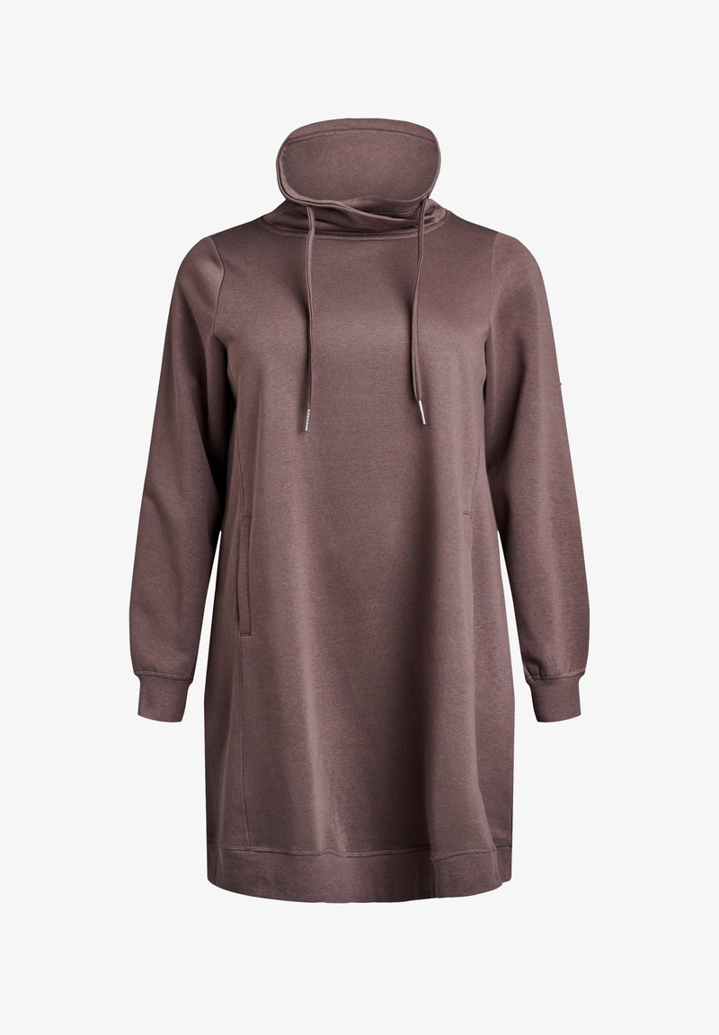 Pruun sportkleit, millel on kõrge krae, pikad varrukad, esikott ja nöörid kaela juures. Pehme ja sile kangastekstuuri.