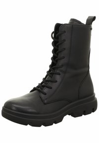 Černá kožená bojová bota s designem na šněrování. Disponuje masivní gumovou podrážkou, kulatou špičkou a poutkem na zadní straně pro snadné obouvání.