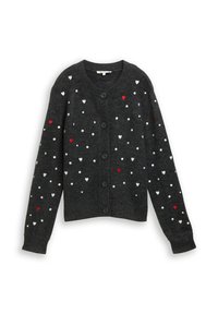 Dunkelgrauer, geknöpfter Cardigan mit verstreuten weißen, roten und hellgrauen Herz- und Punktmustern auf der Vorderseite und den Ärmeln.