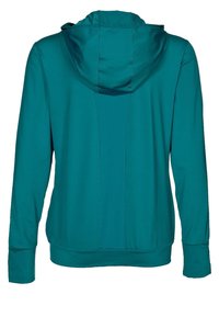 Tyrkysová bunda s kapucí a hladkým povrchem, s našitou spodní částí a zadními švy. Jednoduchý design, bez viditelných log nebo vzorů.