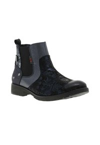 Bottes noires à cheville arborant un motif floral, des textures mélangées, des panneaux élastiques sur les côtés et un talon carré. Conçues avec une boucle pour un enfilage facile.