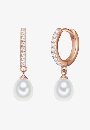 Naušnice od roza zlata u obliku obruča s redom malih prozirnih kamenčića i odvojivim bisernim privjeskom u bijeloj boji. Glatka završna obrada s sjajnim detaljima.