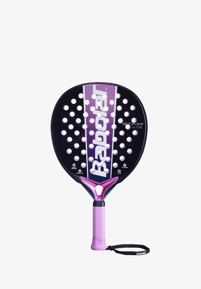 Babolat padelracket med et sort og lilla design, perforeret hoved for greb, tekstureret håndtag og pink gummigreb.