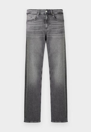 Jeans in denim grigio con taglio dritto, caratterizzati da un classico design a cinque tasche, chiusura con bottone anteriore e lievi sfumature.