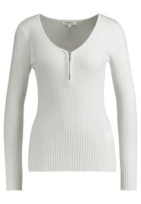 Weißes, geripptes Langarmshirt mit einem Rundhalsausschnitt und einem Reißverschlussdetail vorne. Der Stoff hat eine glatte Textur mit dezenten horizontalen Linien.