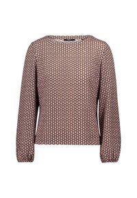 Blouse met lange mouwen in bruin, met een geometrisch patroon en roze accenten, ronde halslijn en geplooide manchetten voor textuur.