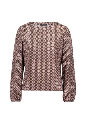 Blouse met lange mouwen in bruin, met een geometrisch patroon en roze accenten, ronde halslijn en geplooide manchetten voor textuur.