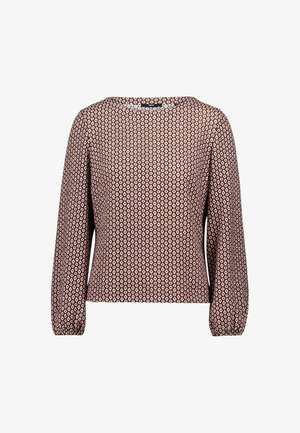 Long-sleeve blouse in brown, featuring a geometric pattern with pink accents, round neckline, and gathered cuffs for texture.